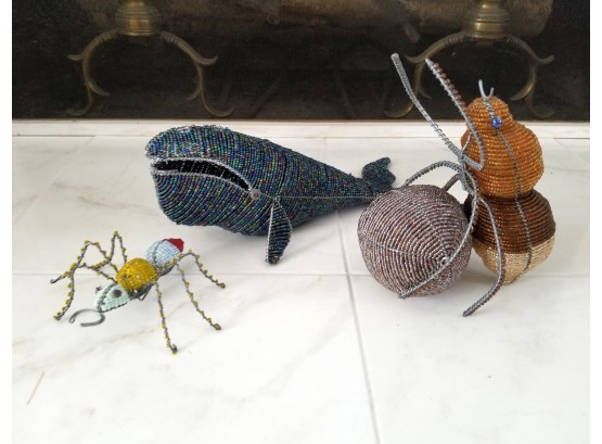 South African Artisan Handmade Beaded Ant, Whale And Spider Figurines