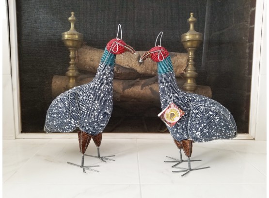 Pair Of African Allsorts Handmade Wire Seed Beaded Fowl Figurines