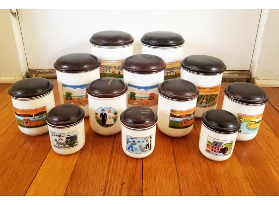 Set/12 Villeroy & Boch 'Naif' Wood Lid Ceramic Storage Canisters
