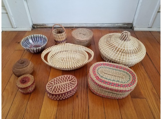 Assorted Woven Wicker Vessels & A Porcelain Rice Bowl
