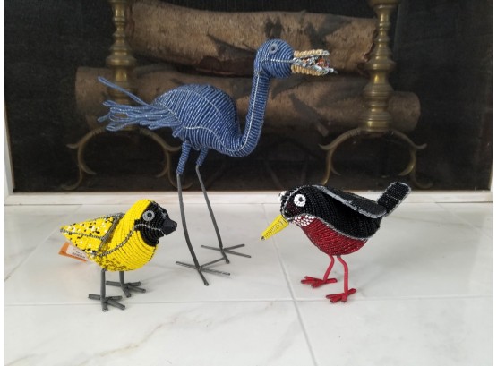 3 South African Handmade Beaded Bird Figurines