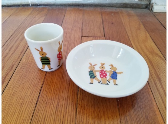 Yves Deshoulieres For Catimini Porcelain Kid's Bowl & Mug Set In Carrying Case