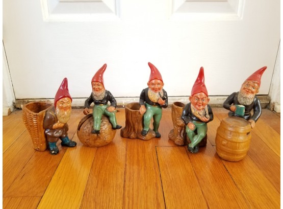 Set/5 Ceramic Gnome Figural Pencil Cup And Coin Bank