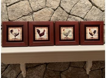 Four Framed Painted Ceramic Rooster Tiles