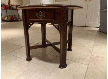 Carved Wood Round Side Table With Single Drawer