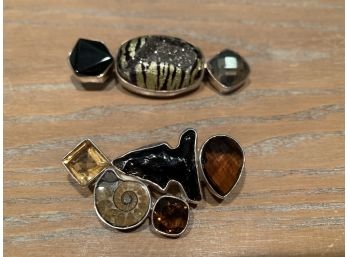 Two Contemporary Sterling Silver Pins With Warm Colored Stones