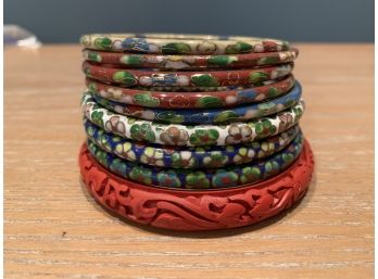 Asian Bangle Bracelets - 8 Cloisonné And 1 Cinnabar