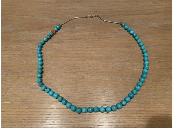 Turquoise Beaded Necklace With Silver & Coral Bead Accents