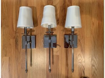 Group Of Three Polished Nickel Single Light 20' Tall Wall Sconces