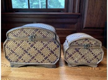 Two Woven Wicker And Wood Decorative Boxes