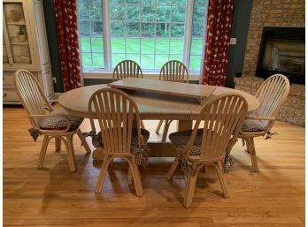 White Wash Table With Two Leaves, Four Dining Chairs And Two Swivel Armchairs