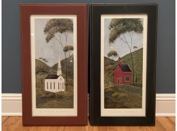 Two Framed Folk Art Prints Of A Church And School House By Warren Kimble (b. 1935, American)