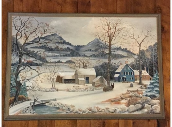 Large Signed Oil On Canvas Winter Scene