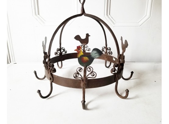 Wonderful Wrought Iron Rooster Themed Pot Rack