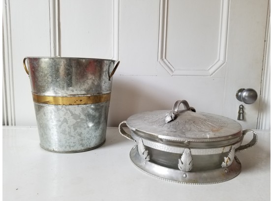 Ice Bucket And Hammered Pewter Serving Piece