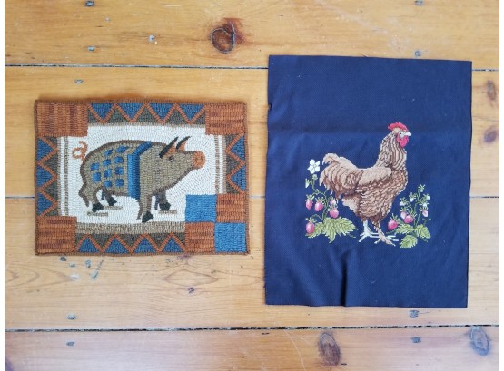 Vintage Hooked Mat Pig And Needlepoint Rooster
