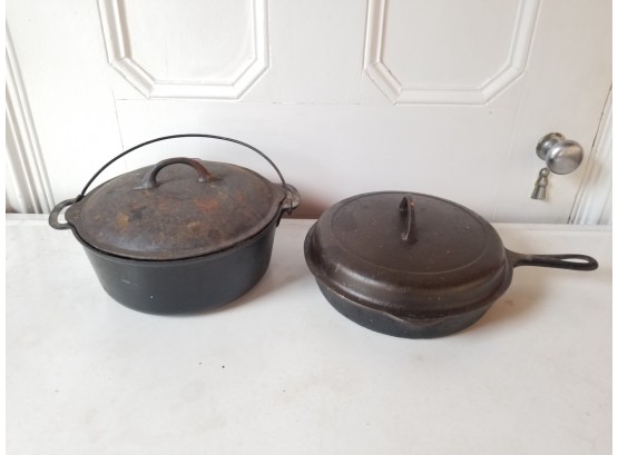 Antique Cast Iron Bean Pot And Lidded Frying Pan