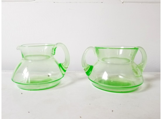 Vintage Uranium Glass Creamer And Sugar Bowl