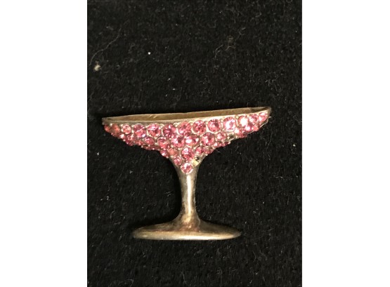 Sterling Silver Champagne Glass Pin - Pink Stones
