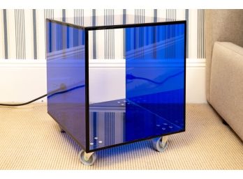 Blue Lucite End Table On Casters