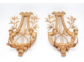 Pair Of Gold Gilded Wood And Metal Harp And Bird Themed Candle Sconces