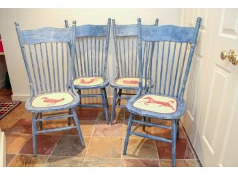 Set Of Four Handprinted Animal Themed Spindleback Chairs