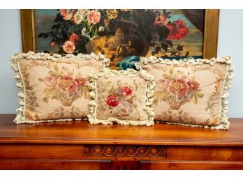 Three Needlepoint Floral Pillows With Tassels