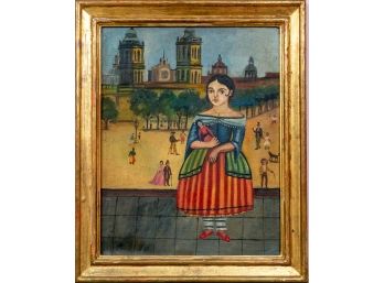W&J Sloane Four Centuries Mexican Folk Art Oil On Canvas Painting