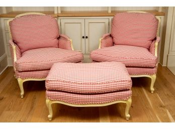 Pair Of Lewis Mittman French Country Bergere Chairs With Matching Ottoman (RETAIL $5,430)