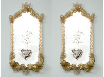 Pair Of Elaborate Venetian Glass Mirrored Wall Sconces