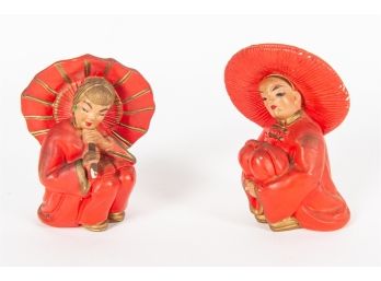 Pair Of Painted Bisque Chinese Ladies In Red