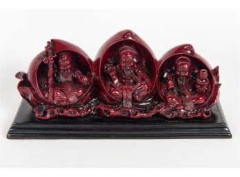 Chinese Gods Statuette In Red Lacquer