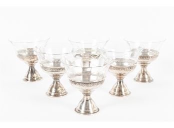 Exquisite Set Of Six Chased Sterling & Etched Glass Sundae Dishes