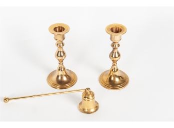 Pair Of Brass Candlesticks And Candle Snuffer