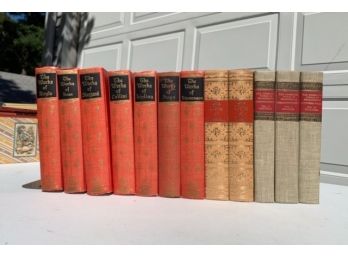 Cloth And Leather Bound Library In Red And Gold, 12 Total