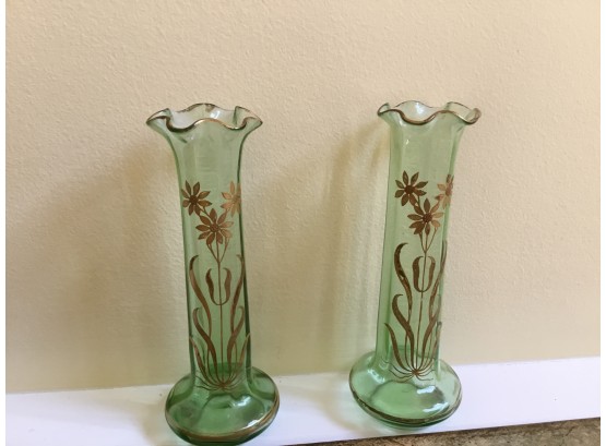 Small Pair Of Gold And Green Glass Bud Vases