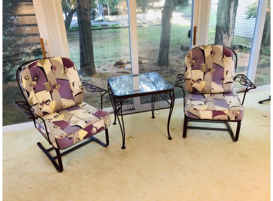 Patio Furniture: Two Upholstered Chairs And Glass-Topped Side Table