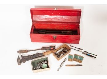 Red Metal Toolbox With Vintage Tool Collection