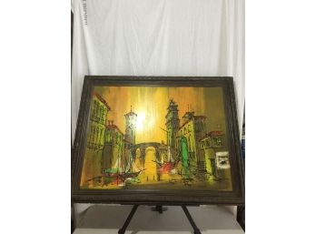 Very Large Oil On Masonite Of Mexican Village Done By The Artist (Oliveira)