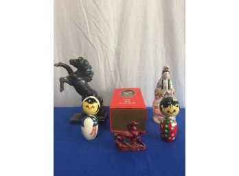 Six Piece Lot Asian Lot Black Marble Horse Small Red Horse To Bobble Head Dolls Porcelain The Prayer Lady In A