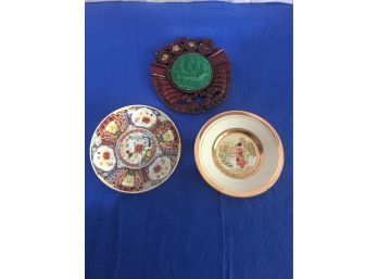 Three Asian Collectibles Japanese One Amari Plate Chokin Plate The Third Ornamental With Glass Orstone Car