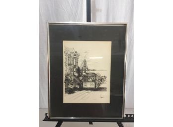 Old Black-and-white Lithograph With Trolley Car I Golden Gate Bridge Signe Lower Right Listed  Of Artist