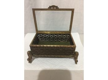 Very Old Cast Iron And Glass Top Jewelry Box Held Up With Cherubs