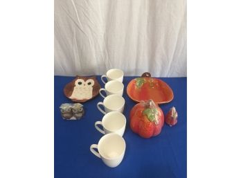 Five Gorham Coffee Cups Also Pumpkin Set And An Owl Plate With Salt And Pepper Shakers