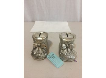 A Pair Of Silver Plate Baby Shoe Banks,heavy Material Signed Underneath On The Bottom