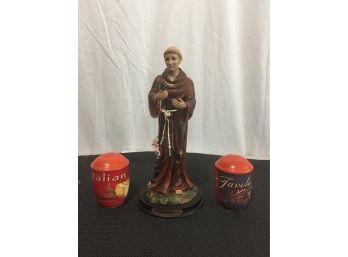 Saint Anthony Statue And Two  Imported Salt And Pepper Shakers All In Excellent Shape