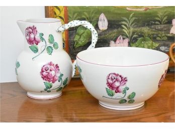 Tiffany & Co White Strasbourg Flowers Bisque Porcelain Large Fruit Bowl 9' And Pitcher 9'
