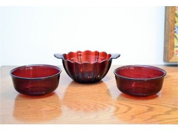 3 Pcs Vintage Red Cranberry Glass Bowls 6'