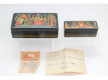 Set Of Two Russian Hand Painted Boxes Depicting The Story Of Magic Fish