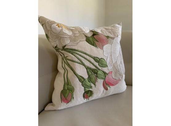 Pretty Embroidered Floral Linen Pillow